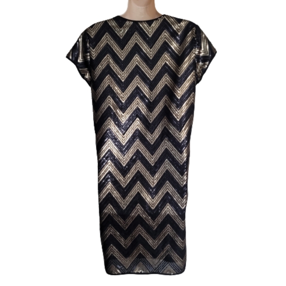 H&M Black Gold V-Neck Chevron Sequins Night Out Dress Size Women's Small 6 - Picture 3 of 10